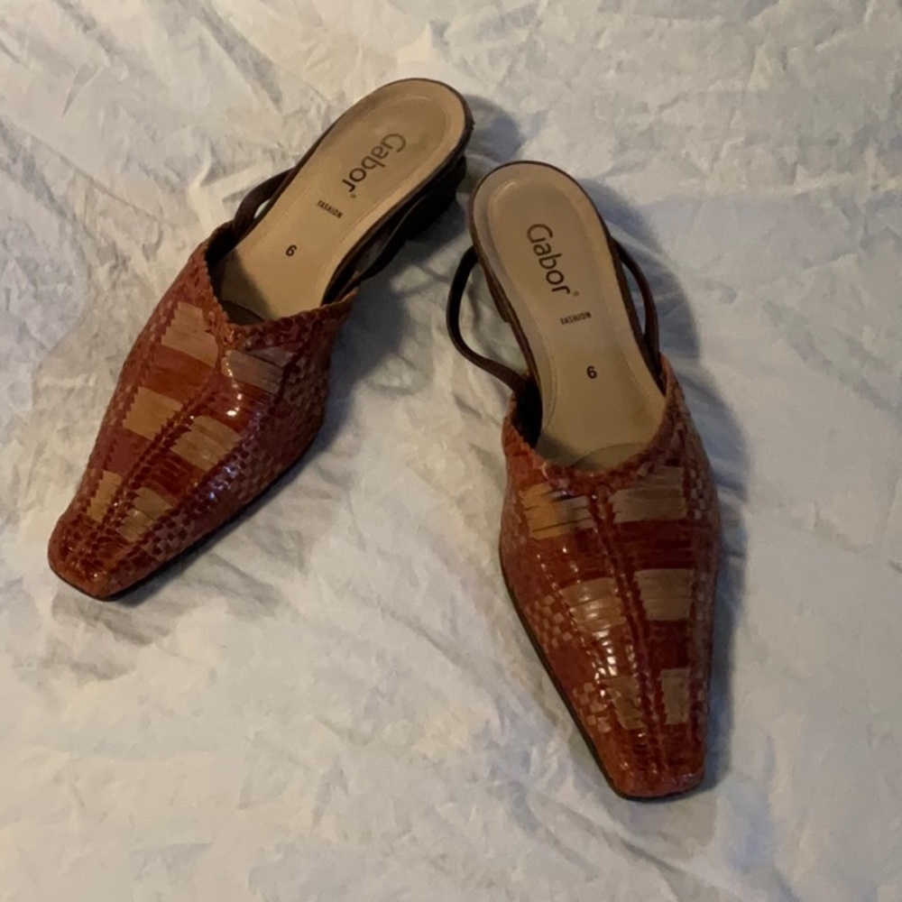 Gabor Brown Leather Mules with Woven Design